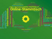 Sharepic mit grünem Hintergrund, darauf eine Wortwolke in Form zweier zum Herz geformter Hände, Text: Online-Stammtisch, OV Ludwigsburg